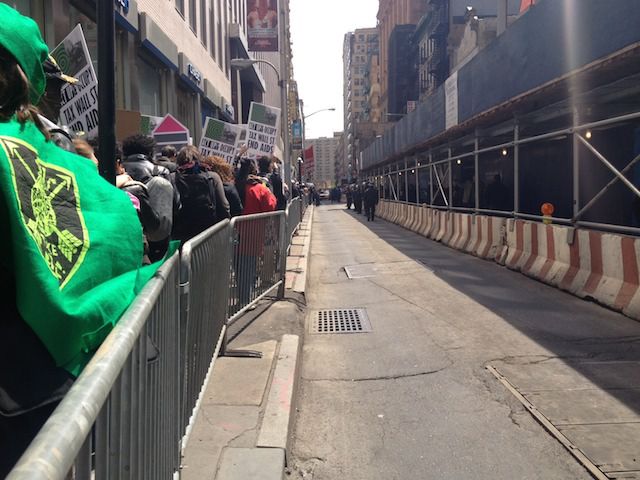 Barricades line the parade protest route. 